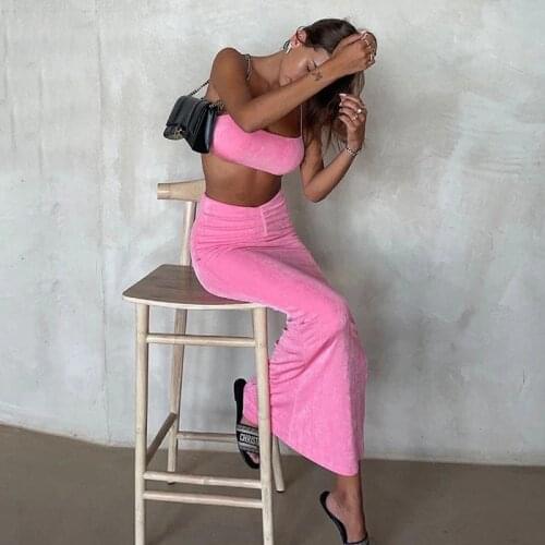 Tinastyle Sexy Summer Dress 2 Piece Sets Women Holiday Outfits Ruched Top and Skirts Pink Casual Clubwear Party Matching Sets