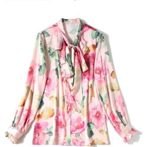 2021 Summer Blooming Flowers Print Pink Satin Shirts Women Long Sleeve Bow Collar Ruffles Vacation Lady Tops Blusa Feminina