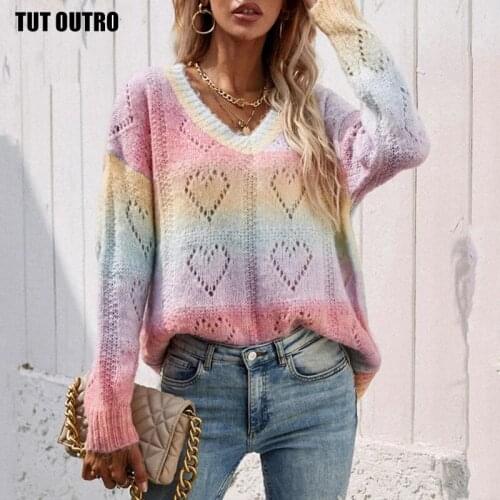 Autumn Winter Rainbow Knitted Sweaters Women Fashion Love Hollow Out Design See Through V-Neck Long Sleeve Casual Loose Jumpers