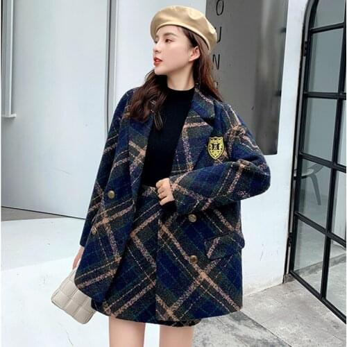 2021 Winter Warm Wool Tweed Two Piece Set Women Thicken Plaid Blazer Jacket Coat+A-Line Skirt Suits Autumn Cashmere Outfits New