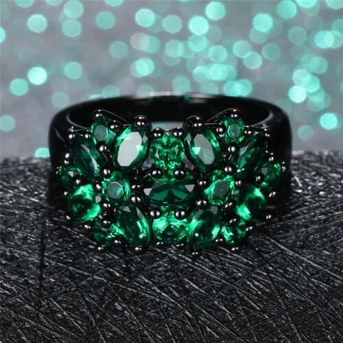 Charm Female Green Crystal Flower Ring Luxury 14KT Black Gold Engagement Ring Vintage Zircon Wedding Band Big Rings For Women
