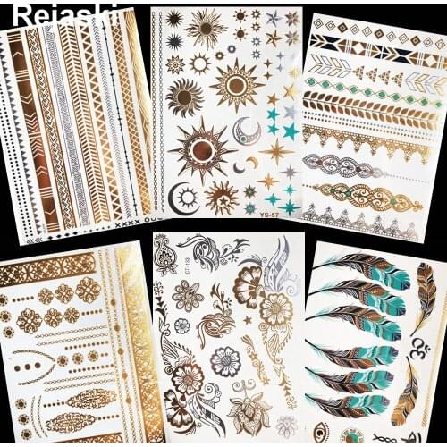 Gold Sun Moon Metallic Waterproof Tattoo Flower Girl Hand Temporary Tattoo Sticker Star Body Art Flash Fake Tatto Bracelet Women