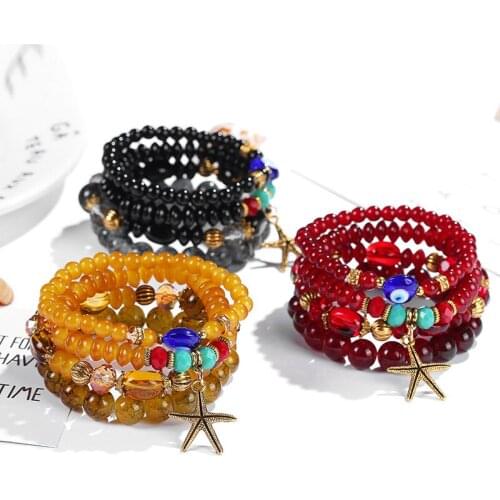 2020 ethnic bohemian multi-layer acrylic beaded evil eye starfish pendant bracelets & bangles fashion charm wrap bracelets gift