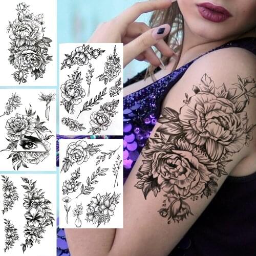 3D Peony Flower Temporary Tattoos For Women Girls Fake Lily Triangle Eye Tattoo Sticker Black Orchid Carnations Tatoos Armband