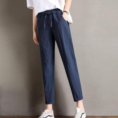 Casual Baggy Cotton Linen Ankle-Length Pants For Women Classic Spring Harem Trousers Female Elastic High Waist Sweatpants