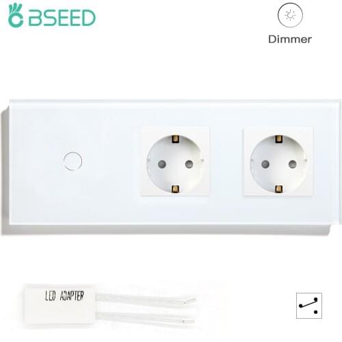 BSEED 1Gang2Way Touch Dimmer Switch LED Dimmer Touch With Double EU Power Plugs 16A Wall Touch Switches Carystal Glass