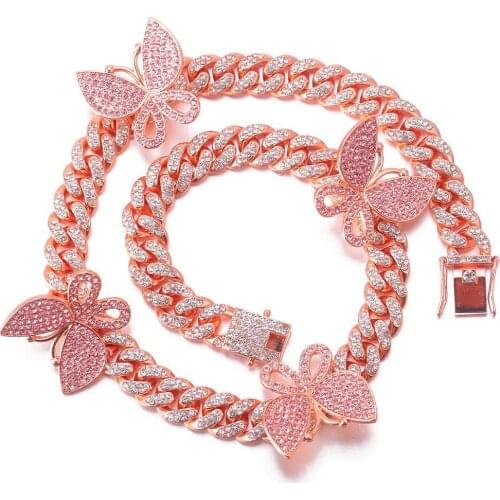 Rock Necklace+Watch+Bracelet Hip Hop Prong 12mm Butterfly Cuban Chain Iced Out Paved Rhinestone CZ Bling for Men Women Jewelry