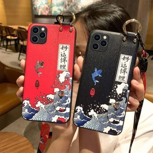 Chinese Patterned 3D Emboss Phone Case For iPhone X XS XR 11 12Pro MAX 6 7 8 Plus Coque Soft Back Cover bracket Wrist Strap case