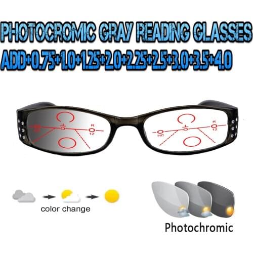 Photochromic Gray Progressive Multifocal Reading Glasses Men Woem Ultralight Black Frame+1.0 +1.5 +1.75 +2.0 +2.5 +3 +3.5 +4