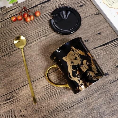 Gold Stamping Game Genshin Impact Keqing Ceramic Mug Coffee Water Milk Cup Spoon+Cup Lid +Cup Cosplay Fans Gift