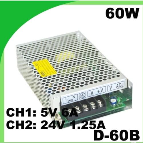 AC to DC dual output Switching Power Supply D-60B 110 / 220VAC output: 5V 6A & 24V 1.25A power supply