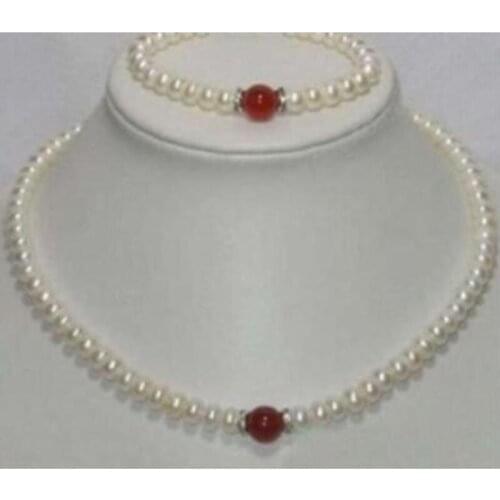 Beautiful natural 7-8mm White Pearl & 10mm Red Jade Necklace Bracelet Set