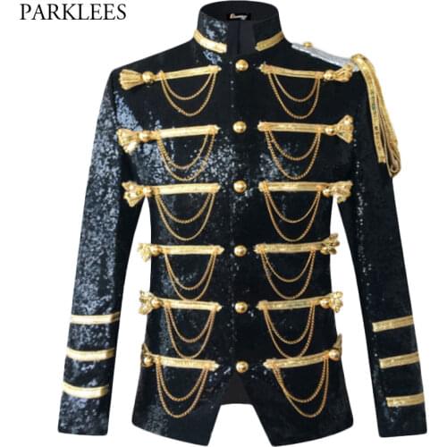 Sequin Embellished Blazer Jacket Men Stage Party Mens Suit Jacket Military Dress Tuxedo Men Blazer Singer Show DJ Costume Homme