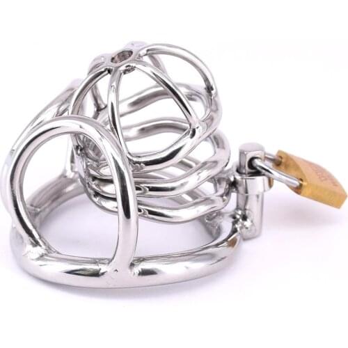 Male Cock Cage Stainless Steel Arc Penisring Scrotum Restraints Gear Chastity Devices with Padlock Metal Balls Locking Ring Sex