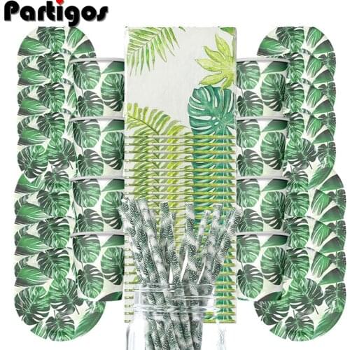 28/53pcs Palm Leaves Disposable Tableware Set Birthday Party Supplies Tropical Hawaii Party Table Decoration Wedding Party Decor
