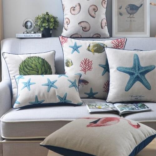 Marine Sea Life Cushion Covers Starfish Coral Shell Fish Flamingo Printing Cushion Cover Linen Cotton Pillow Case For Sofa Couch