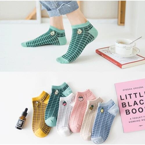 3 Pairs/Women Socks Girl’s Spring Summer Shallow Boat Socks Cute Fruit Pattern Ladies Casual Short Ankle Socks Cotton Calcetines