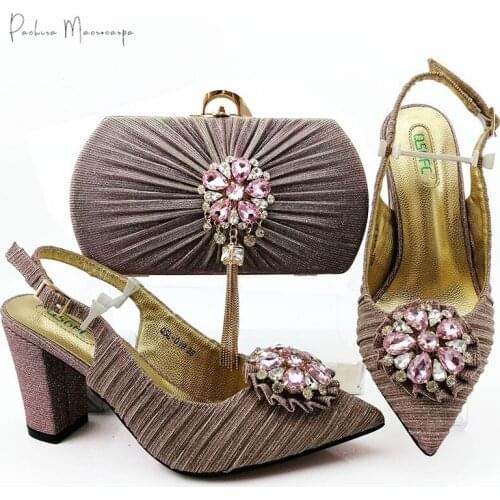 New Arrival Italian Design Hot Selling African Crystal Style Nigerian Elegant Women Shoes and Bag Set in Pink Color for Party