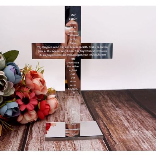 Personalized English Lords Prayer Standing Cross Acrylic Mirror God Bless Prayer Baptism Party Event Christening Table Decor