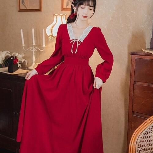 2021 Spring Autumn Dress Retro Square Collar Lace Hepburn Style Dress Vintage Long Sleeve High Waist Slim Fit Bottoming Vestidos