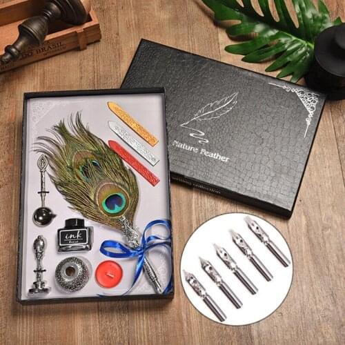 1set Retro Vintage Calligraphy Feather Dip Pen Writing Ink Set Stationery Quill Fountain Pens Creative Vintage Gift for Students