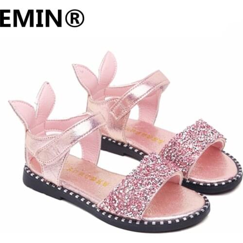 Girls Sandals 2021 Summer New Products Beach Cute Sweet Princess Rhinestones With Rabbit Ears Soft Fashion All-Match Shoes 21-36