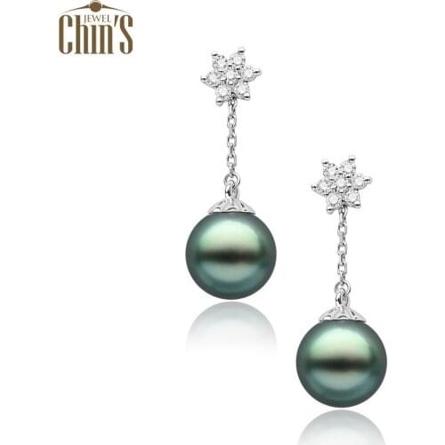 Free Shipping 18k Gold AAA Green Tahitian Sea Cultured Pearl Diamond Drop Earrings Certificate