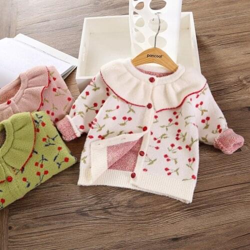 Cherry Girls Knitted Jacket Ruffles O-neck Cute Cardigans Girls Top Toddler Kids Sweater Outwear