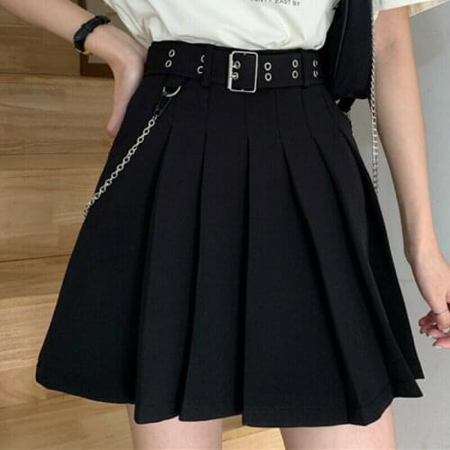 Japanese Women Pleated Skirt with Belt Mini Short Chain Gothic Punk Black