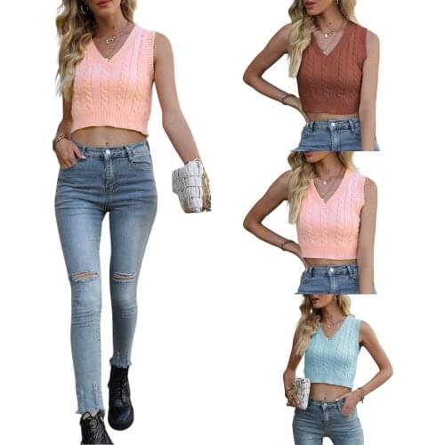 Women Summer Fashion Simple Style Knitted Vest Solid Color V-neck Sleeveless Crop Tops Blue/ Pink/ Rust Red