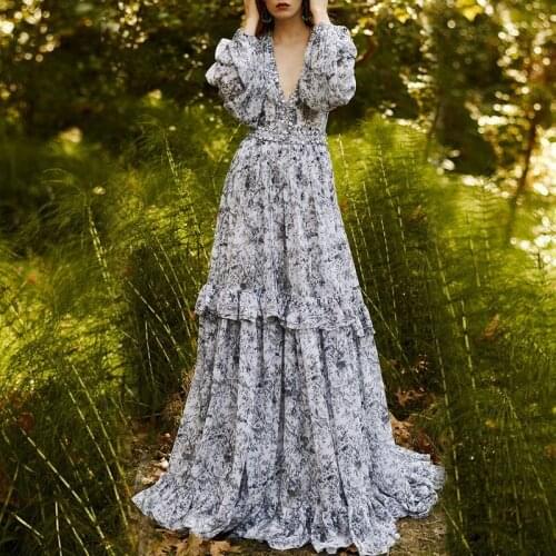 Summer High Quality Runway Dress 2021 Designer Vintage Elegant Ruffles V-neck Long Sleeve Floral Printed Long Dresses for Women