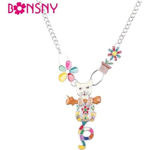 Bonsny Statement choker Enamel Flower Cat Necklace Charm Metal Alloy Chain Pendant 2016 New Jewelry For Women Collar