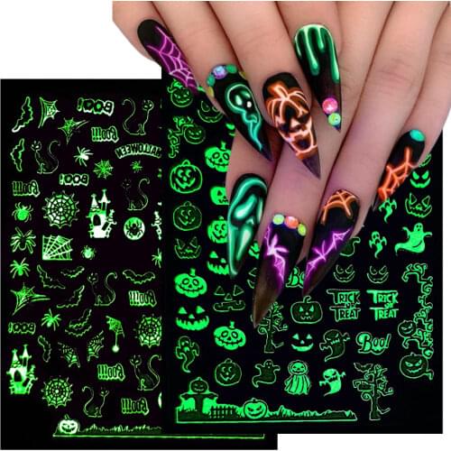 1PCS Glowing Halloween Nail Art Sticker White Black Luminous 3D Adhesive Slider Christmas Manicure Decal Decorations LACY046-054