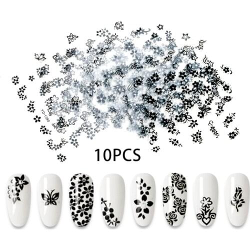 10sheets Water Nail Stickers Black Flower Butterfly Hollow Nail Art Designs Stickers For Nails Decals Diy Manicure Decora