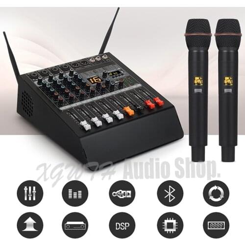 4 Channel 250W + 250W Power Amplifier Studio Audio Mixer Bluetooth USB Mixing Console 2 Handheld Wireless Microphone