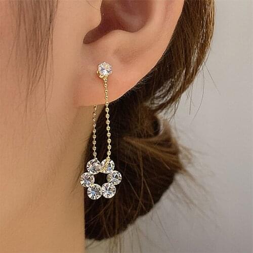 Shinning Rhinestone Flower Long Earrings Korean Style 2021 New Fashion Jewelry Elegent pendientes