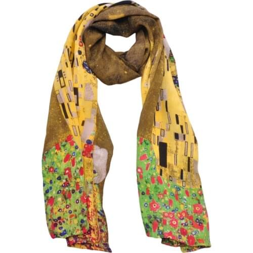 Womens Long Scarf Bufandas Hijab Scarfs 100% Crepe De Chine Silk Wraps & Scarves Brand Gustav Klimts "The Kiss" Палантин