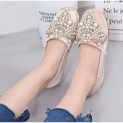 Upscale pearl velvet fisherman shoes women metal beading espadrilles exquisite sewing flats woman luxury brand loafers footware