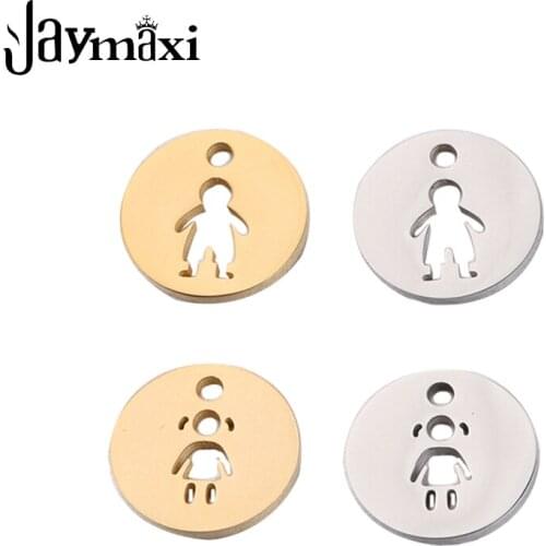 Jaymaxi Hollow Little Boy And Girl Round Charms Pendant 12mm Stainless Steel Mirror Polish DIY Jewelry Making 20PCS/lot