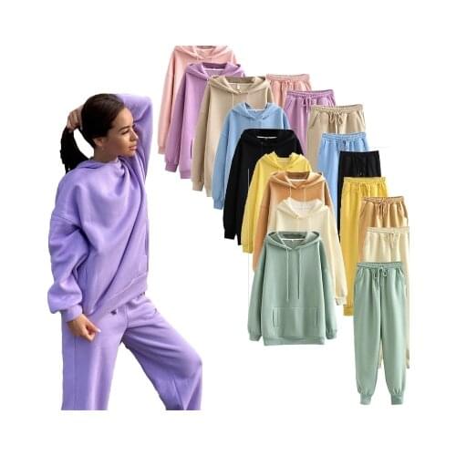 Two Pieces Set Purple Fleece Tracksuits Women Oversized Hooded Sweatshirt+Pants Solid Color Hoodie Suits Autumn Casual Outfits
