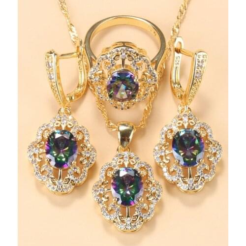 AAA+ Quality Exquisite Rainbow Cubic Zirconia Women Wedding Costume Gold Color Jewelry Ladies Necklace And Earring Sets