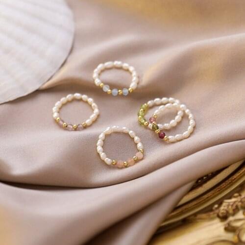 Kpop Cute Multi Beaded Imitation Pearl Colorful Crystal Adjustable Rope Chain Rings for Women Continuous Circle Minimalist Ring