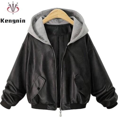 Loose Oversized 4XL PU Leather Women Black Jackets Autumn Winter Female Outerwear Hooded Leather Ladies Zipper Basic Coat KE1907