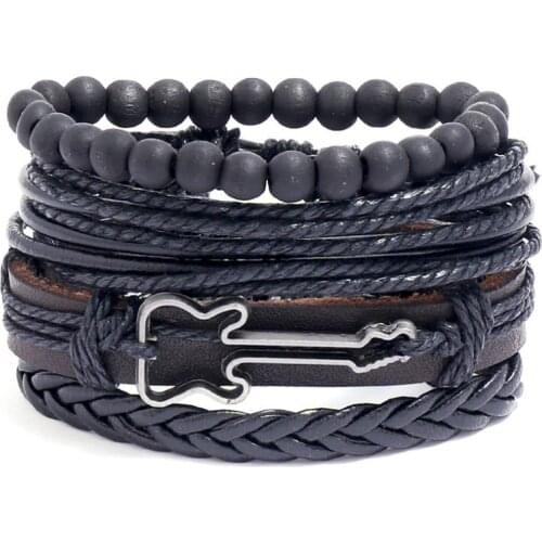 Punk Rock Fashion Black Bracelet Set Hippie Guitar Charm Multilayer Rope Leather Bangle Wrap Wristbands Casual Women Men Jewelry
