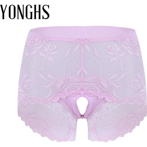 Lingerie Open Crotch Panties Women Elastic Waistband Underpants Underwear See-through Lace Patchwork Mid Waist Crotchless Briefs