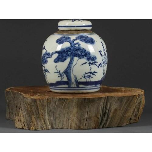 Republic Chinese Blue and white Porcelain hand painted Pine bamboo Jar pot 4.1"