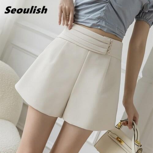 Seoulish 2021 New Summer Formal Buttons Womens Shorts Solid High Waist Office Wide Leg Shorts Elegant Chic Trousers Pocket