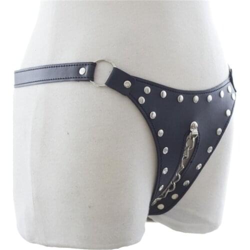 Sexy Female Faux Leather Cut Out Tanga with Chain Stud Detail Underwear Panties G-String Fetish Wear Lingerie