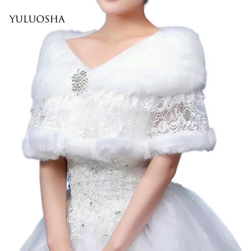 YULUOSHA Bridal Shawl New Arrival White Wedding Jackets Lace Patchwork Faux Fur Shawl Wedding Bolero Winter Cloak Bridal Jacket