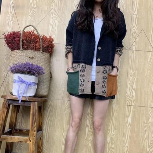 Contrast Color Long Sleeve Slim Hooded Knitting Pockets Sweater Spring Autumn Fashion Brand Korean Style Vintage Patchwork Coat